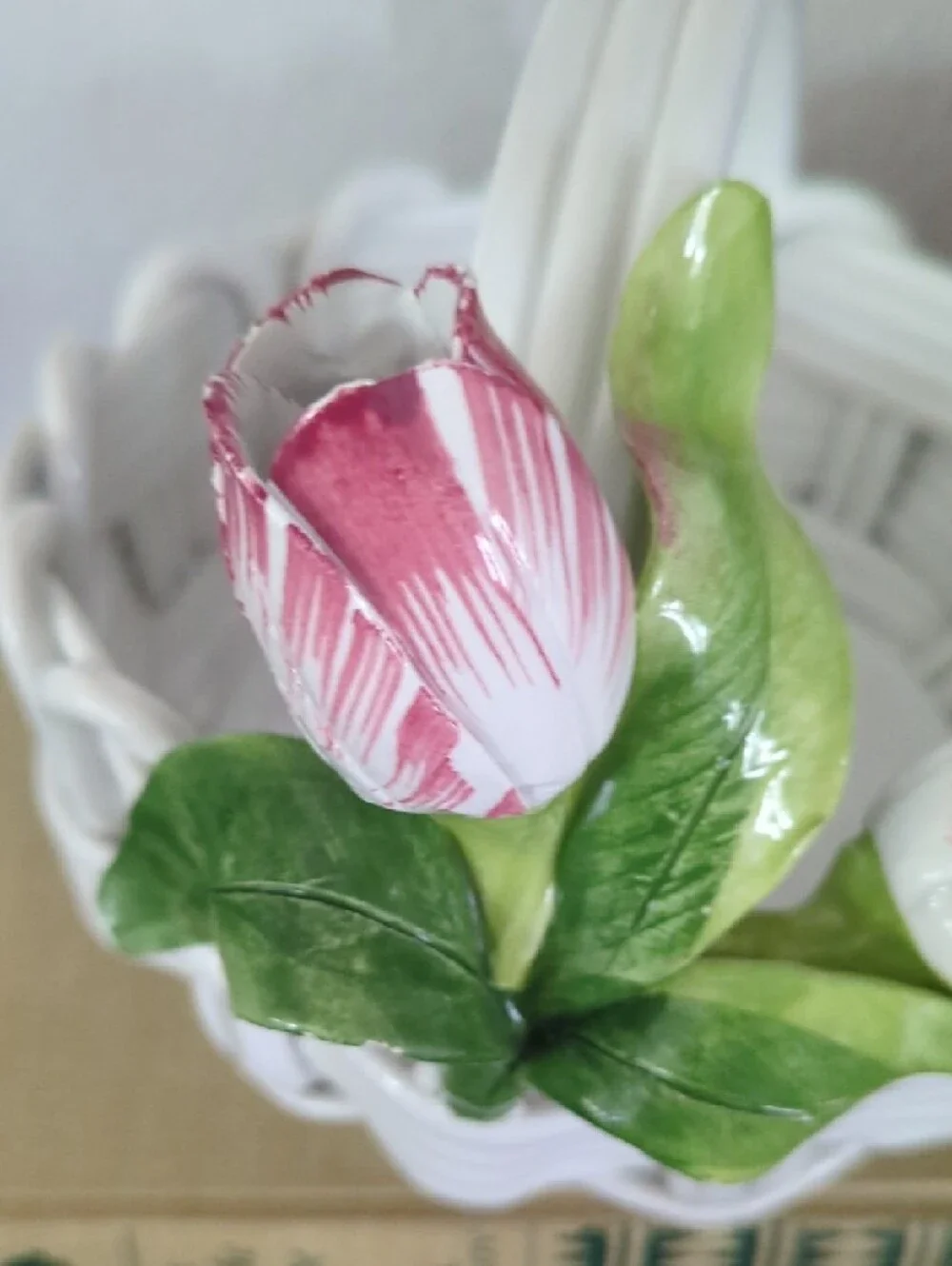 White Ceramic Basket Bowl with Pink Tulip Accents Made In Italy
